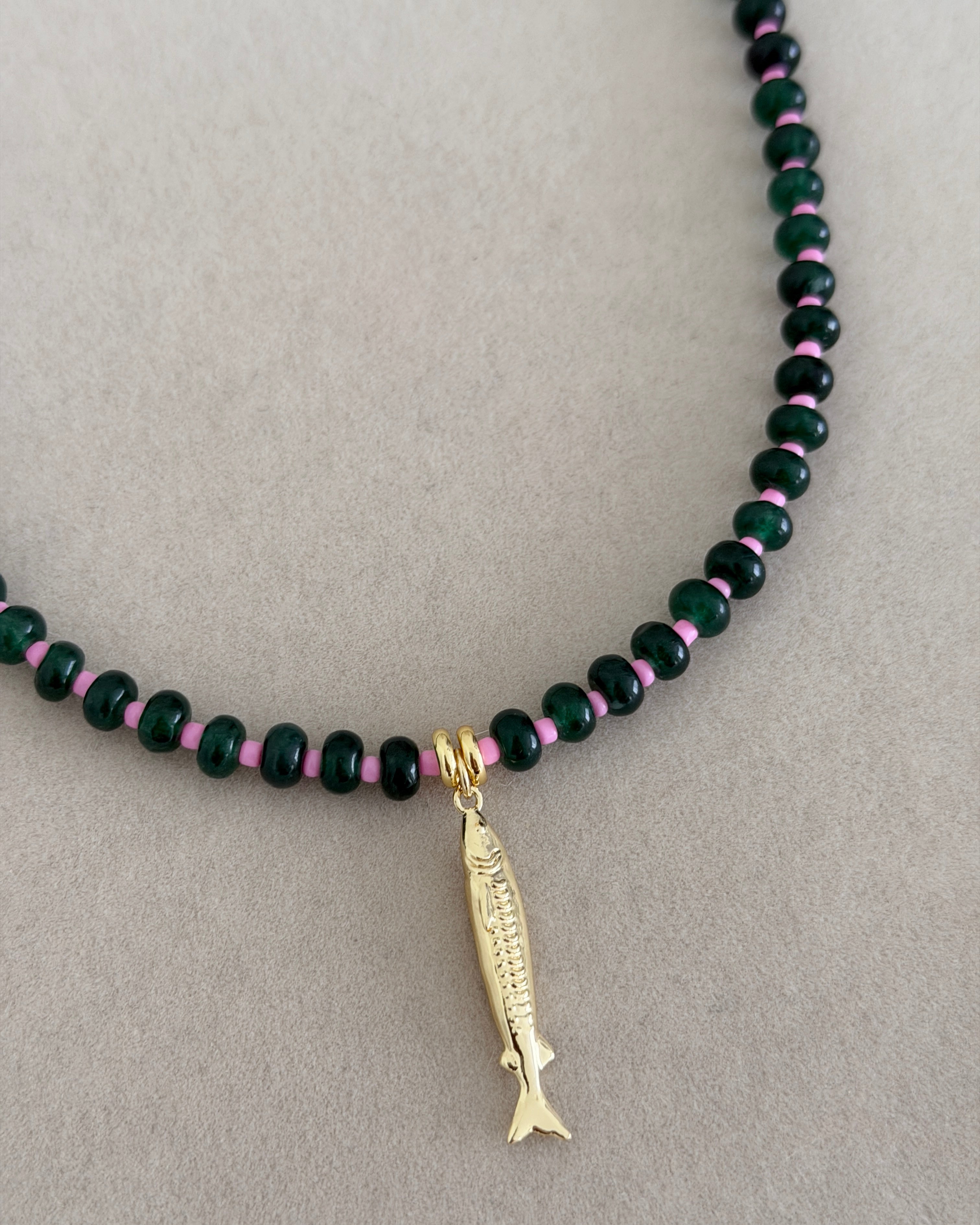 Midnight Fish Charm Beaded Necklace