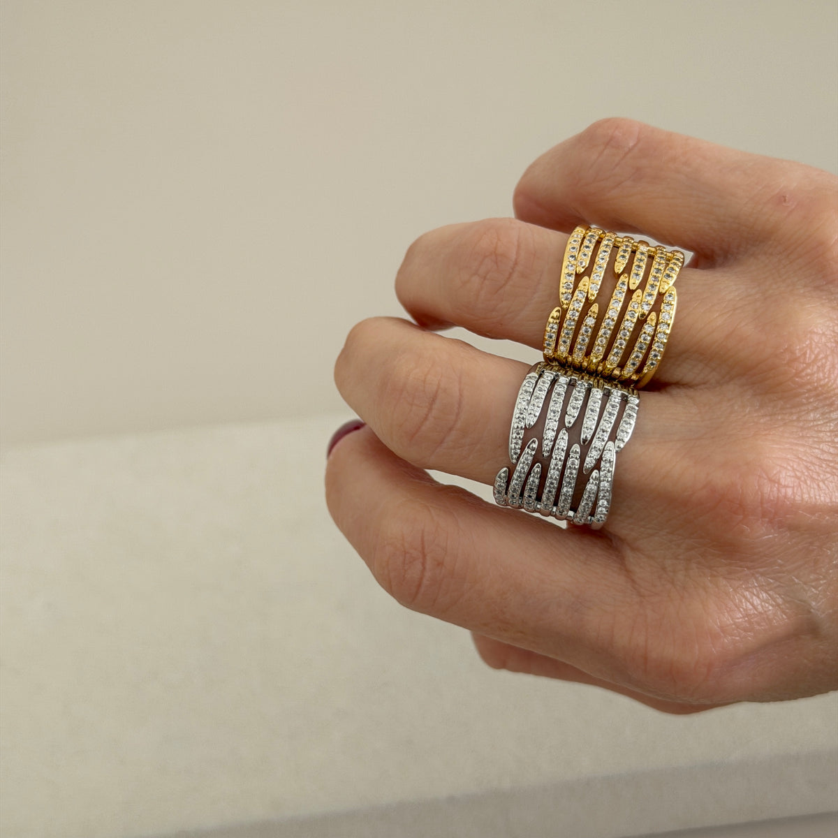 Wavy Multi Row Crystal Ring