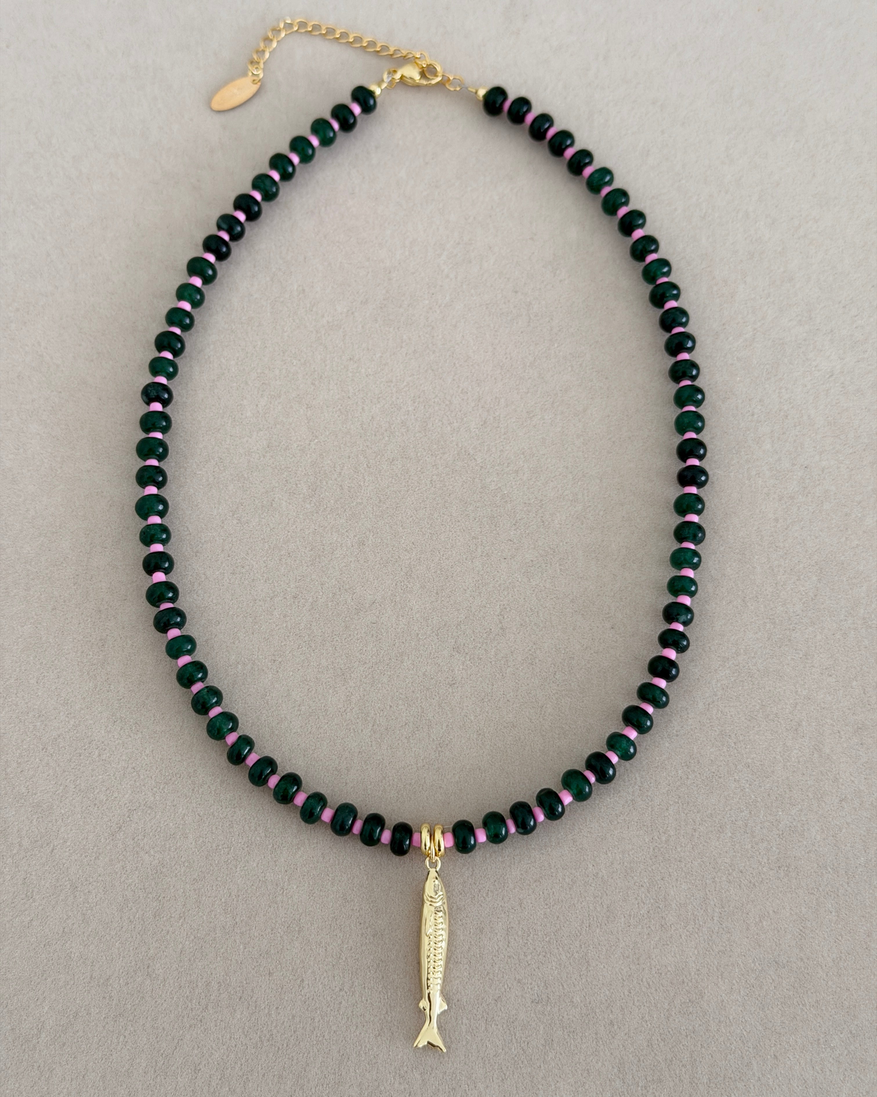 Midnight Fish Charm Beaded Necklace