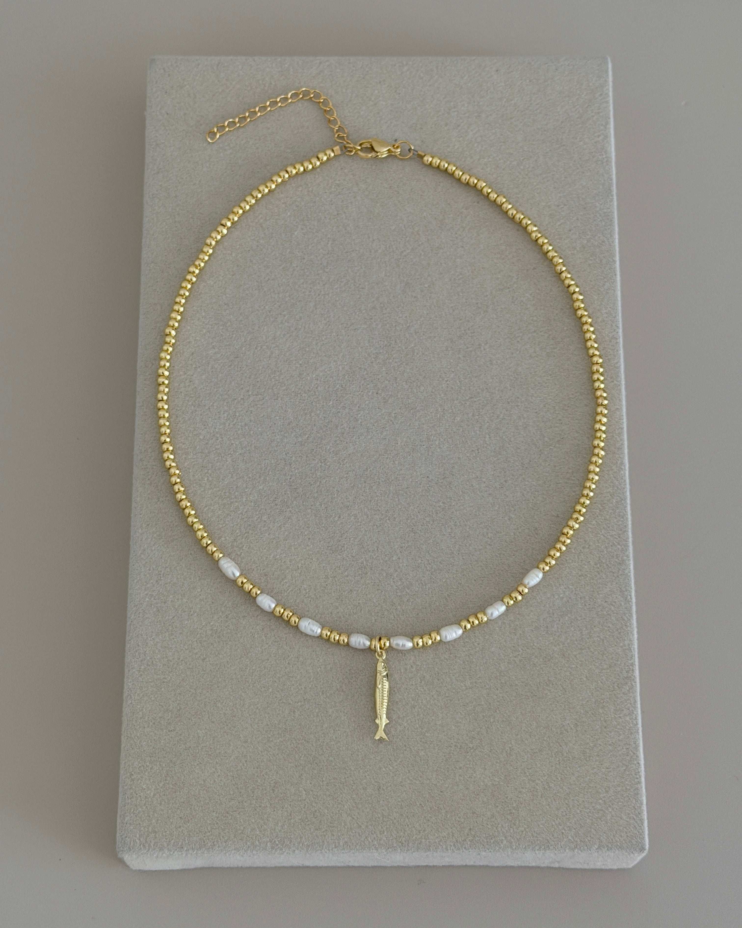 Golden Fish Charm Beaded Necklace