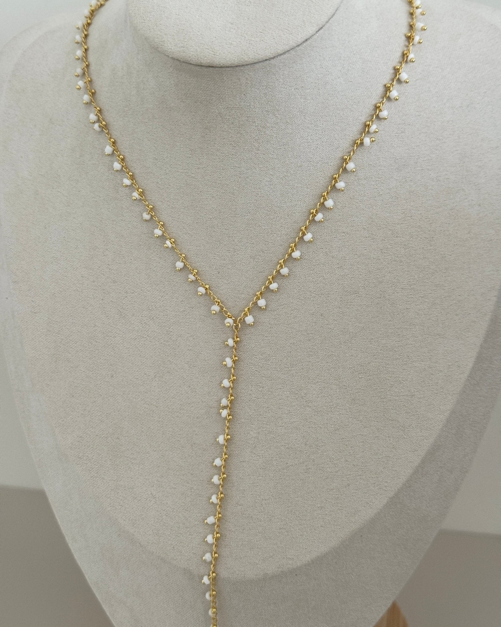 Beaded Y - Chain Necklace – White or Aqua Blue - Necklace | LimaLimón Store - 5