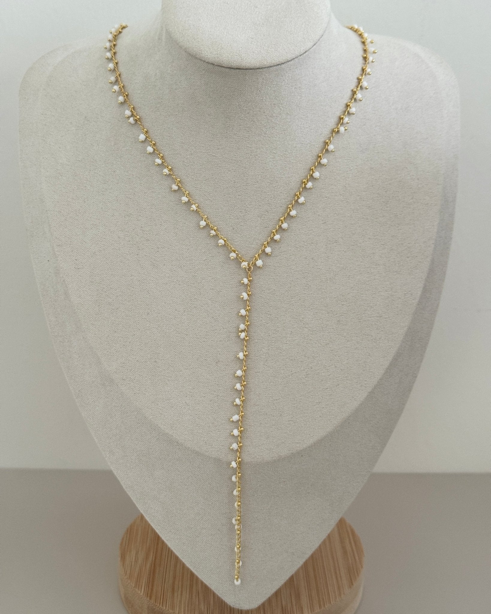 Beaded Y - Chain Necklace – White or Aqua Blue - Necklace | LimaLimón Store - 1
