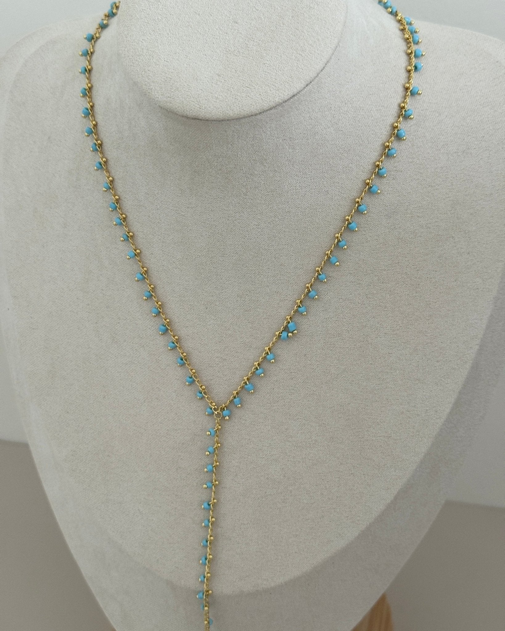 Beaded Y - Chain Necklace – White or Aqua Blue - Necklace | LimaLimón Store - 4