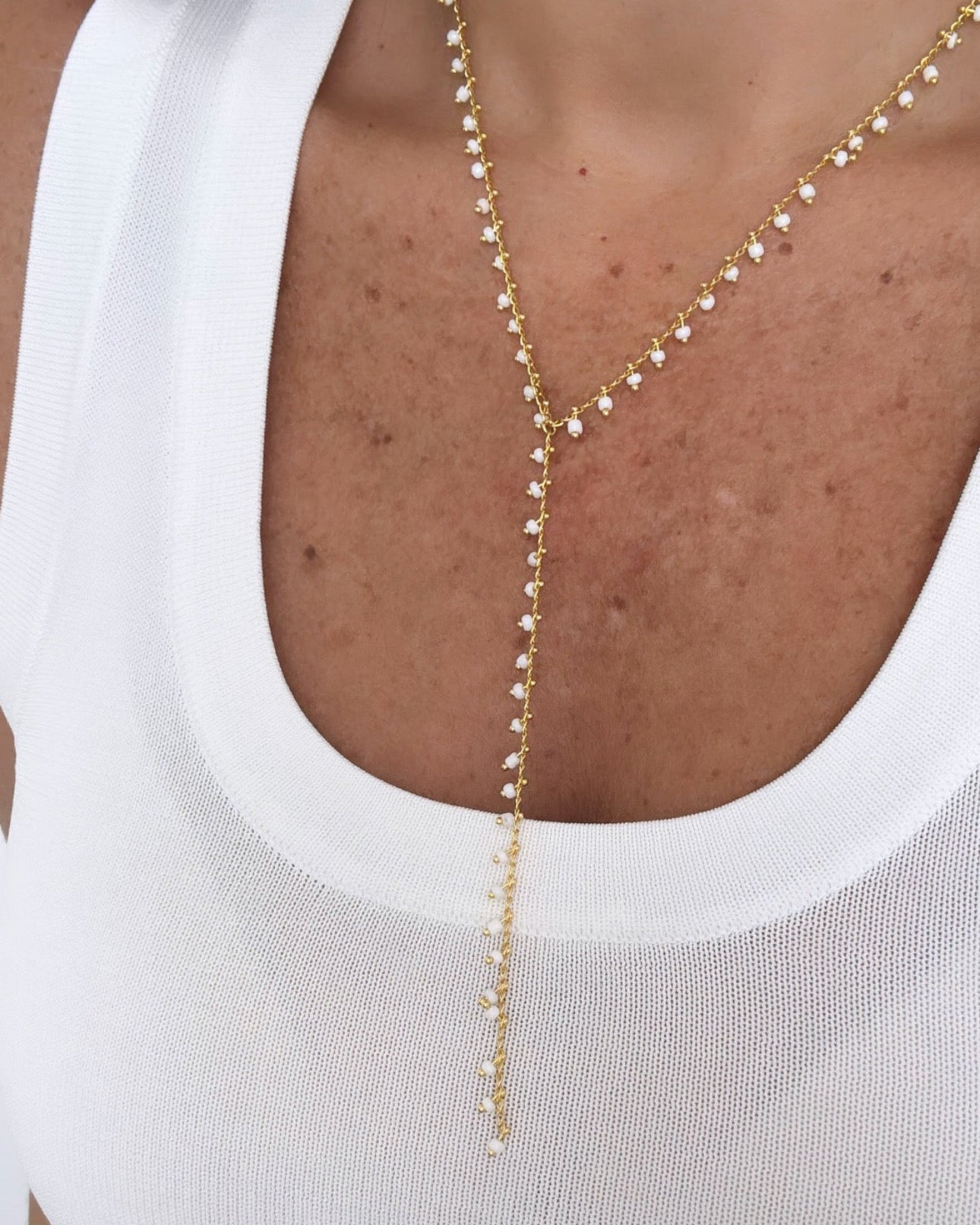 Beaded Y - Chain Necklace – White or Aqua Blue - Necklace | LimaLimón Store - 8