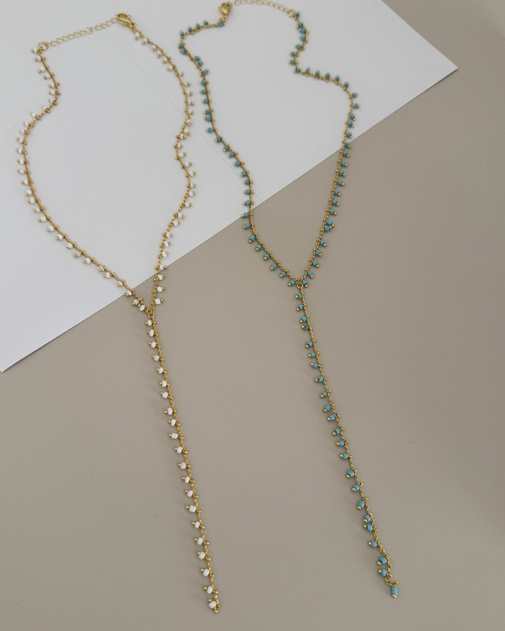 Beaded Y - Chain Necklace – White or Aqua Blue - Necklace | LimaLimón Store - 3