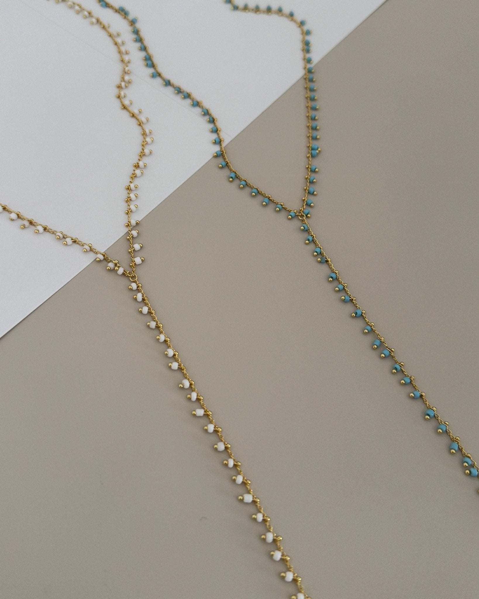 Beaded Y - Chain Necklace – White or Aqua Blue - Necklace | LimaLimón Store - 6