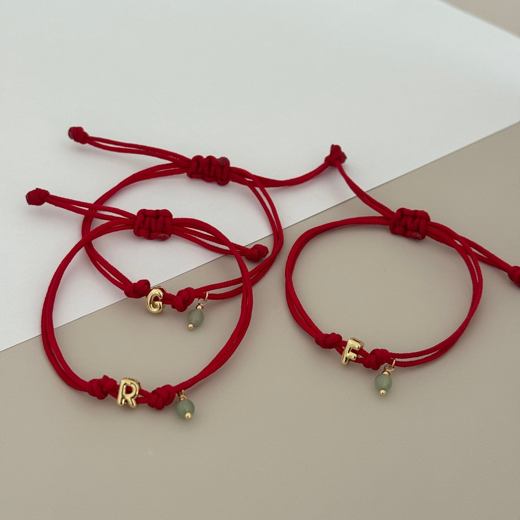 Initial Bracelet with Jade Stone – Red Cord - Bracelet | LimaLimón Store - 4
