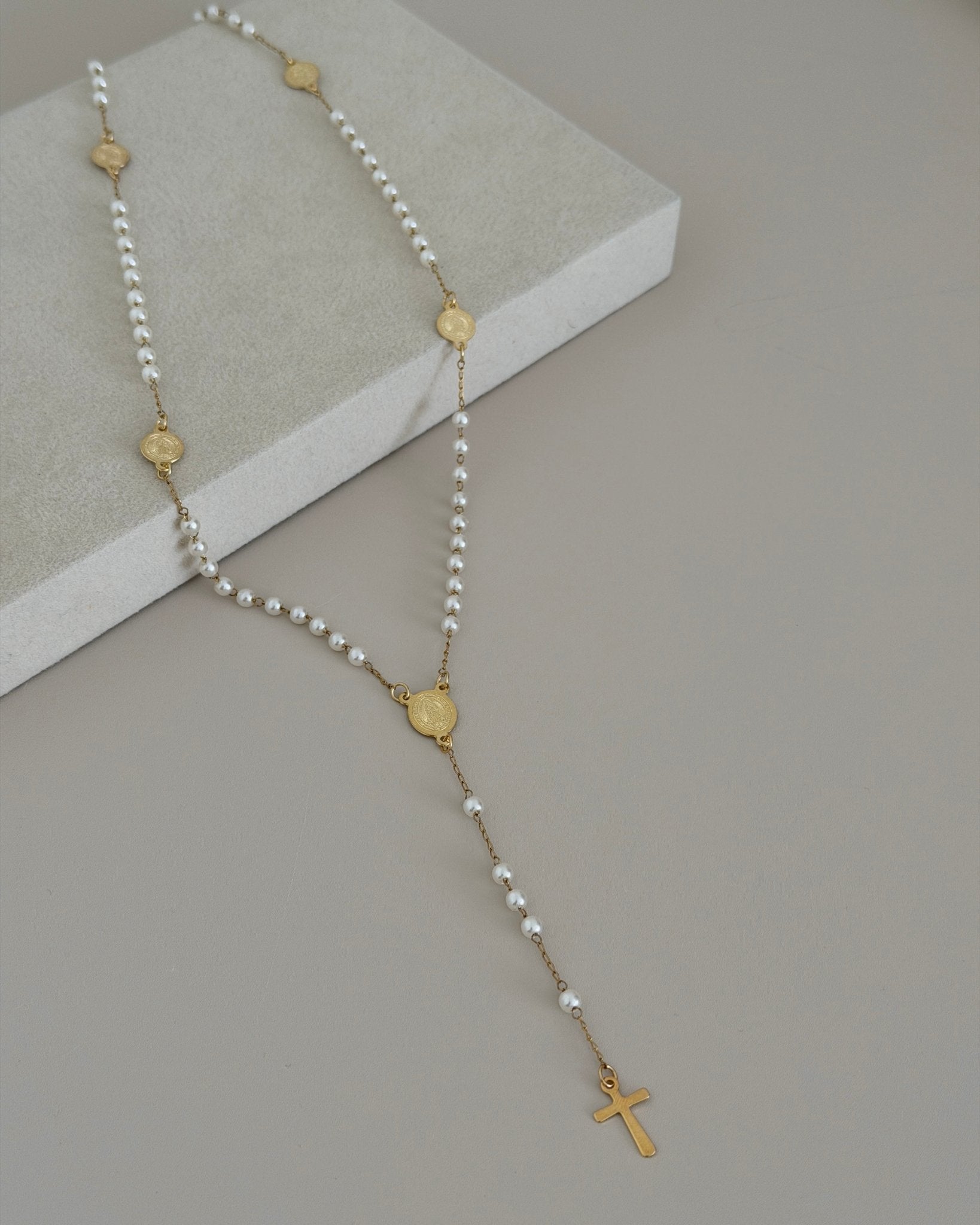 Stainless Steel White Beaded Rosary Y - Necklace - Necklace | LimaLimón Store - 1