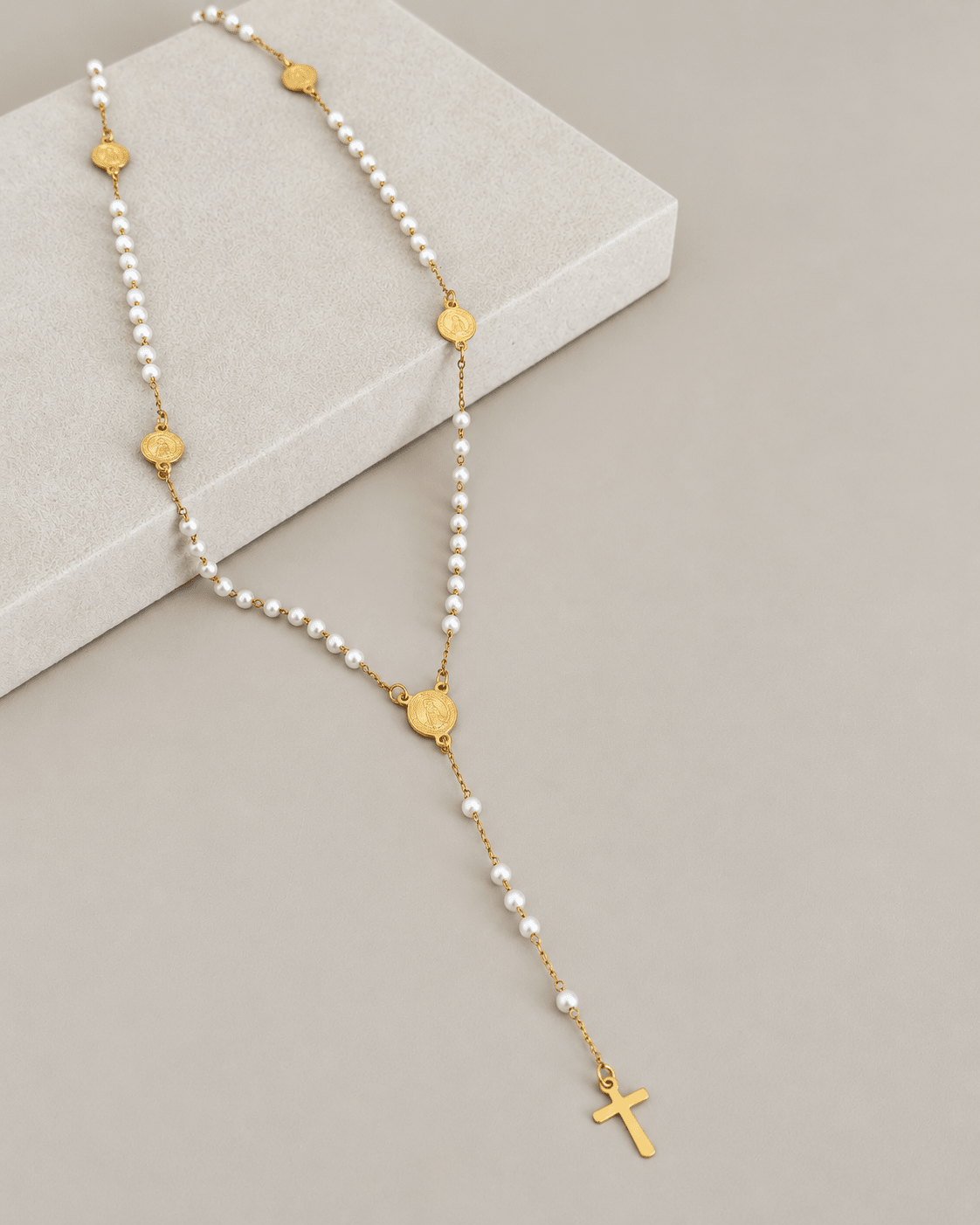 Stainless Steel White Beaded Rosary Y-Necklace - Necklace | LimaLimón Store - 1