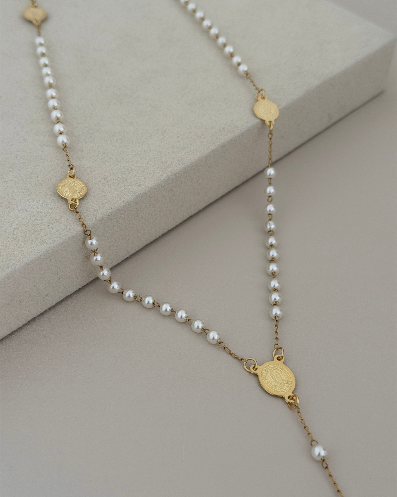 Stainless Steel White Beaded Rosary Y - Necklace - Necklace | LimaLimón Store - 3