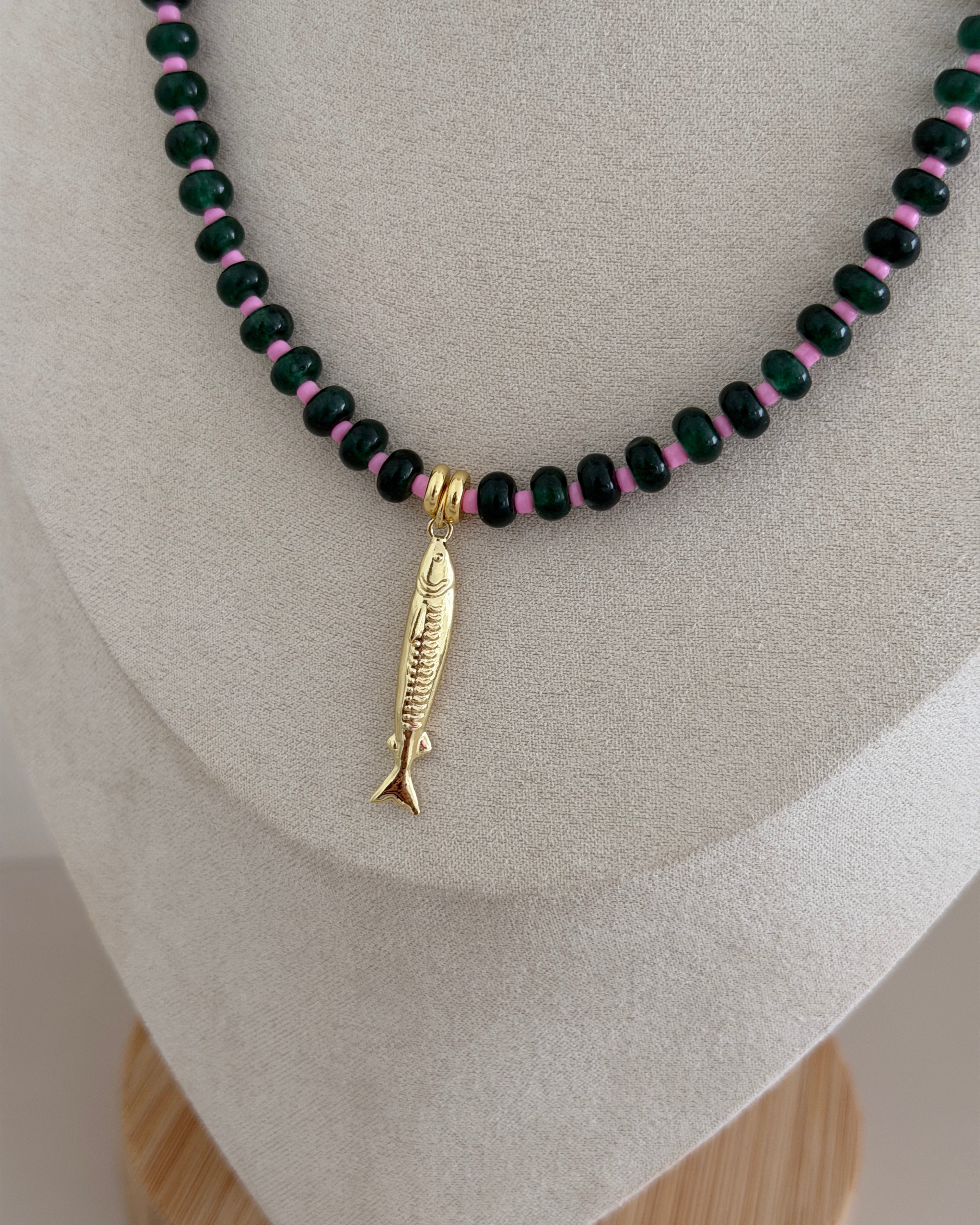 Midnight Fish Charm Beaded Necklace
