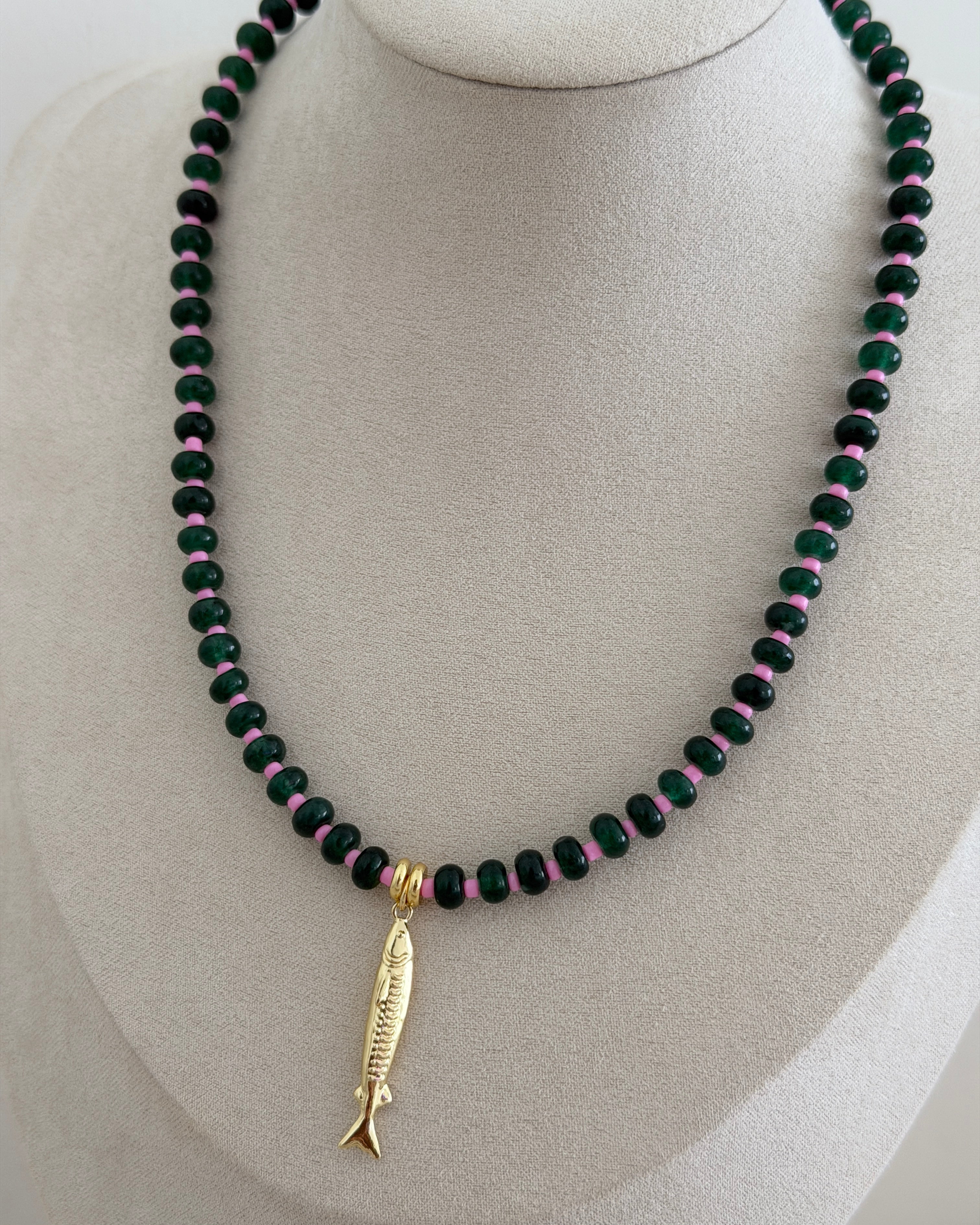 Midnight Fish Charm Beaded Necklace