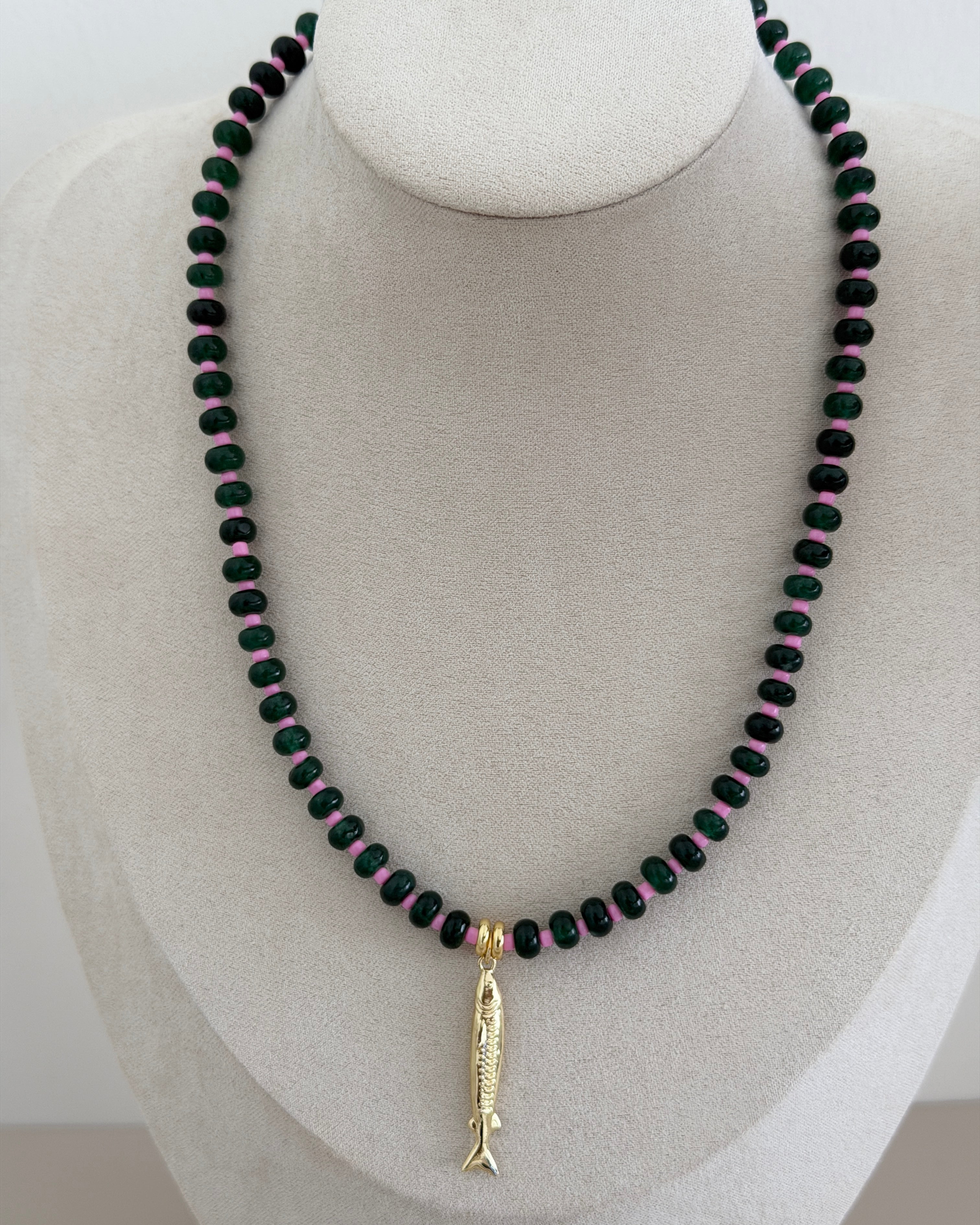 Midnight Fish Charm Beaded Necklace