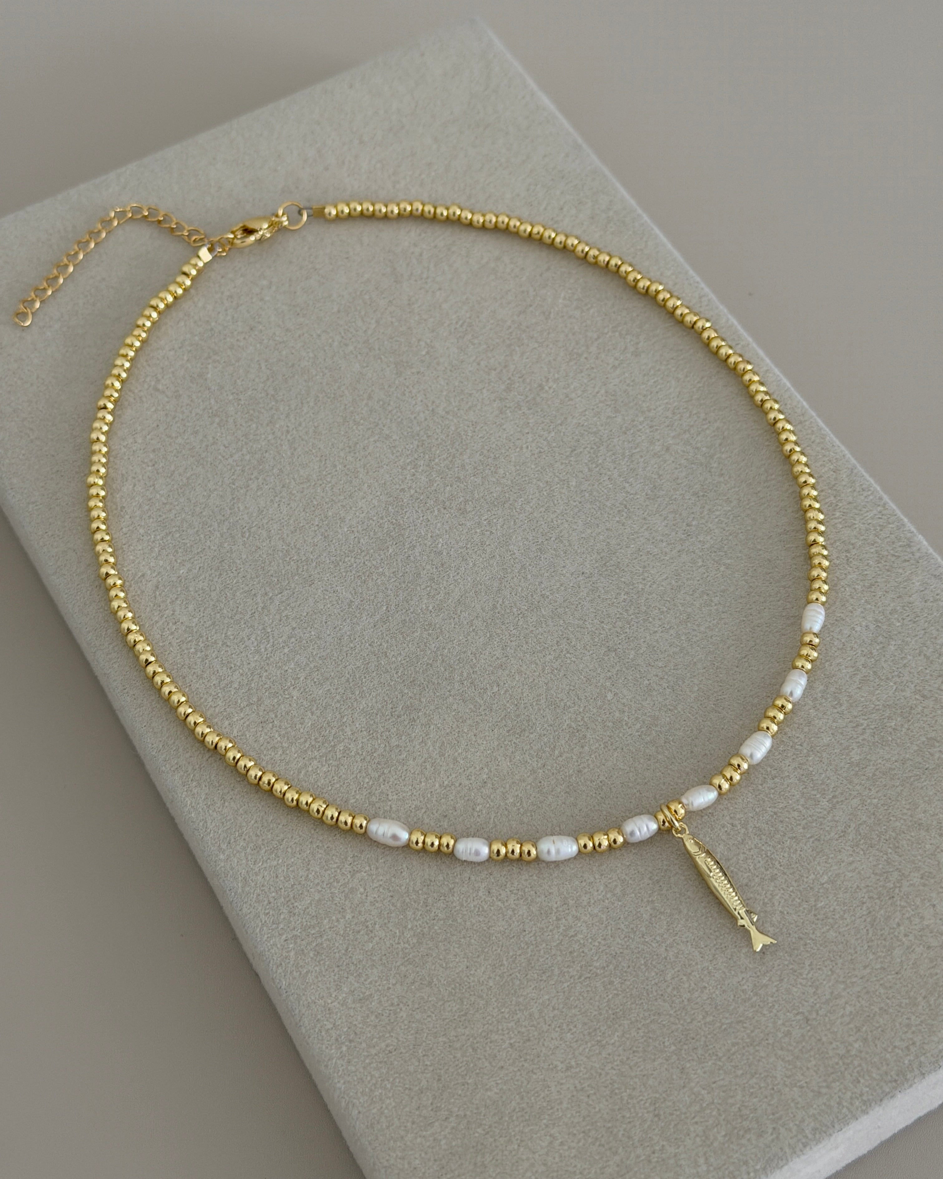 Golden Fish Charm Beaded Necklace