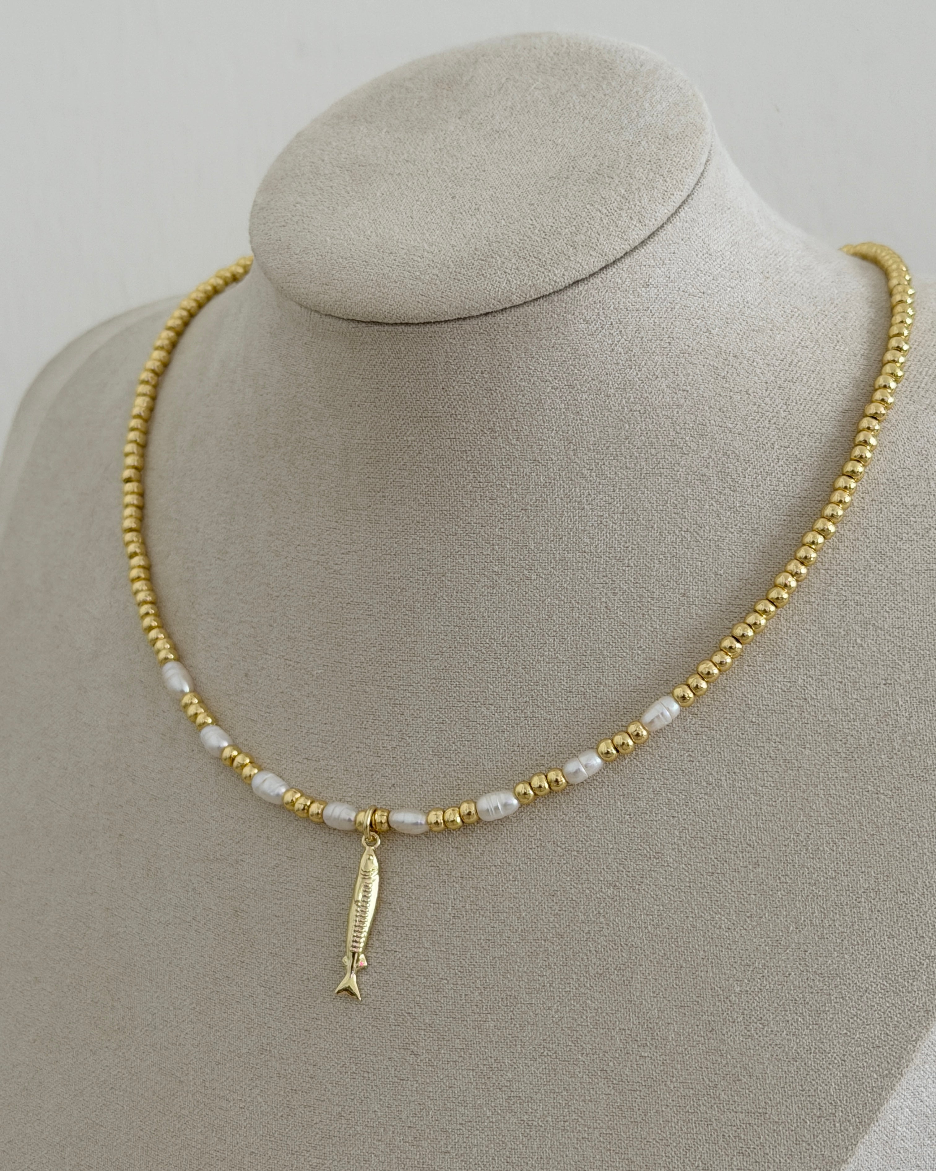 Golden Fish Charm Beaded Necklace