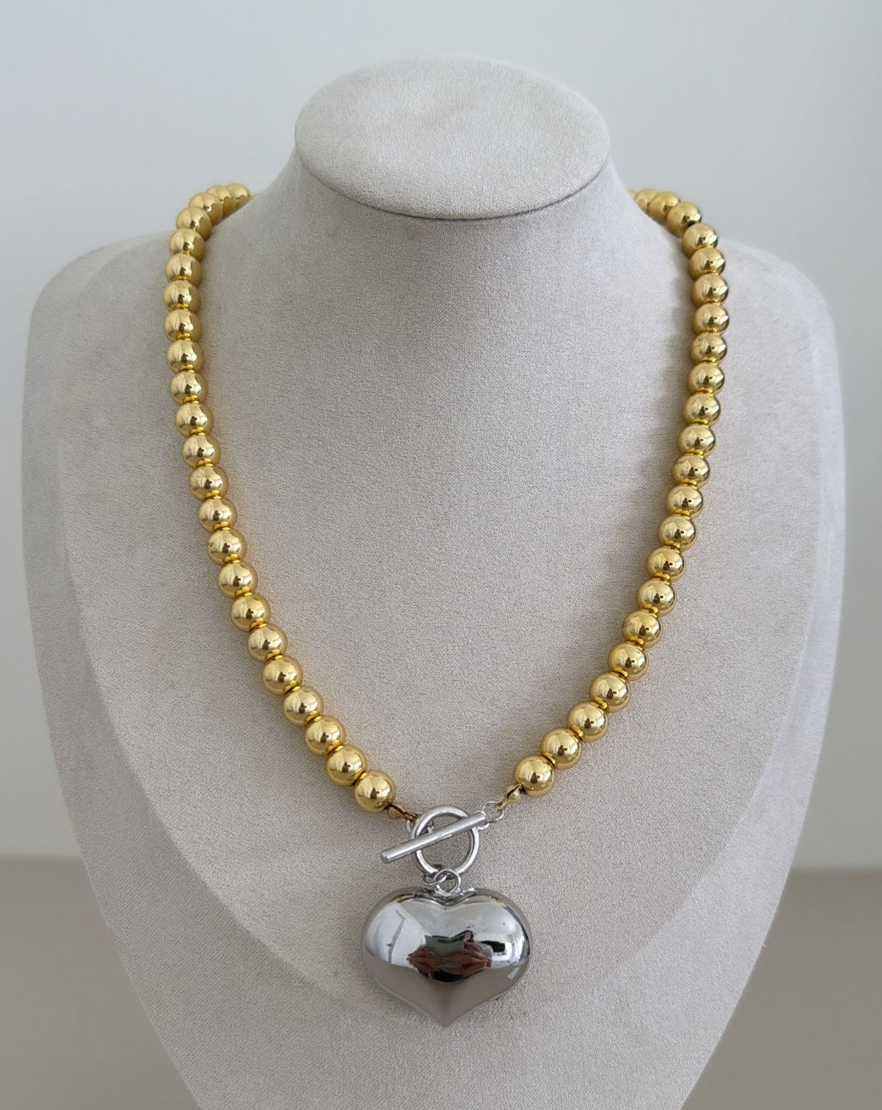 Silver Heart and Gold Bead Necklace