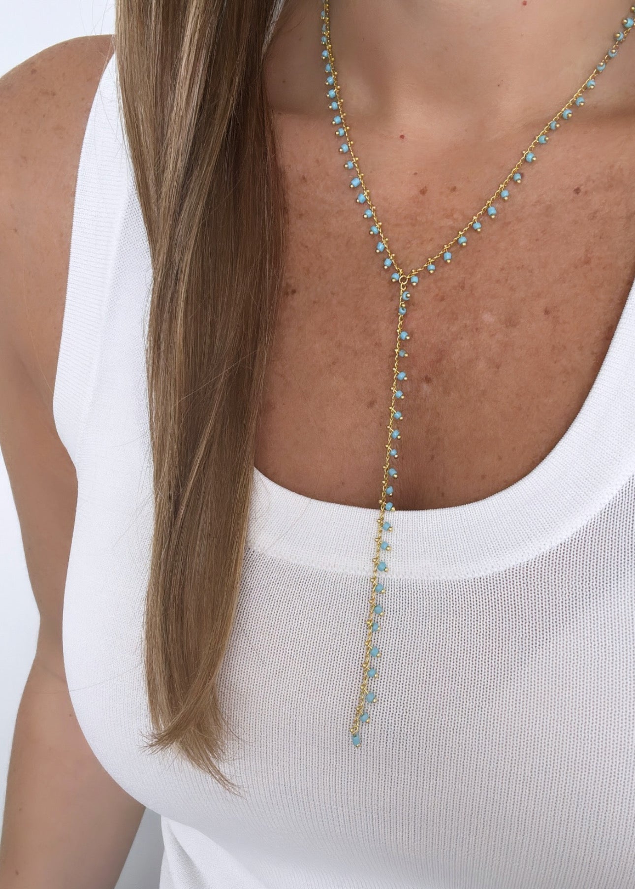Beaded Y - Chain Necklace – White or Aqua Blue - Necklace | LimaLimón Store - 6