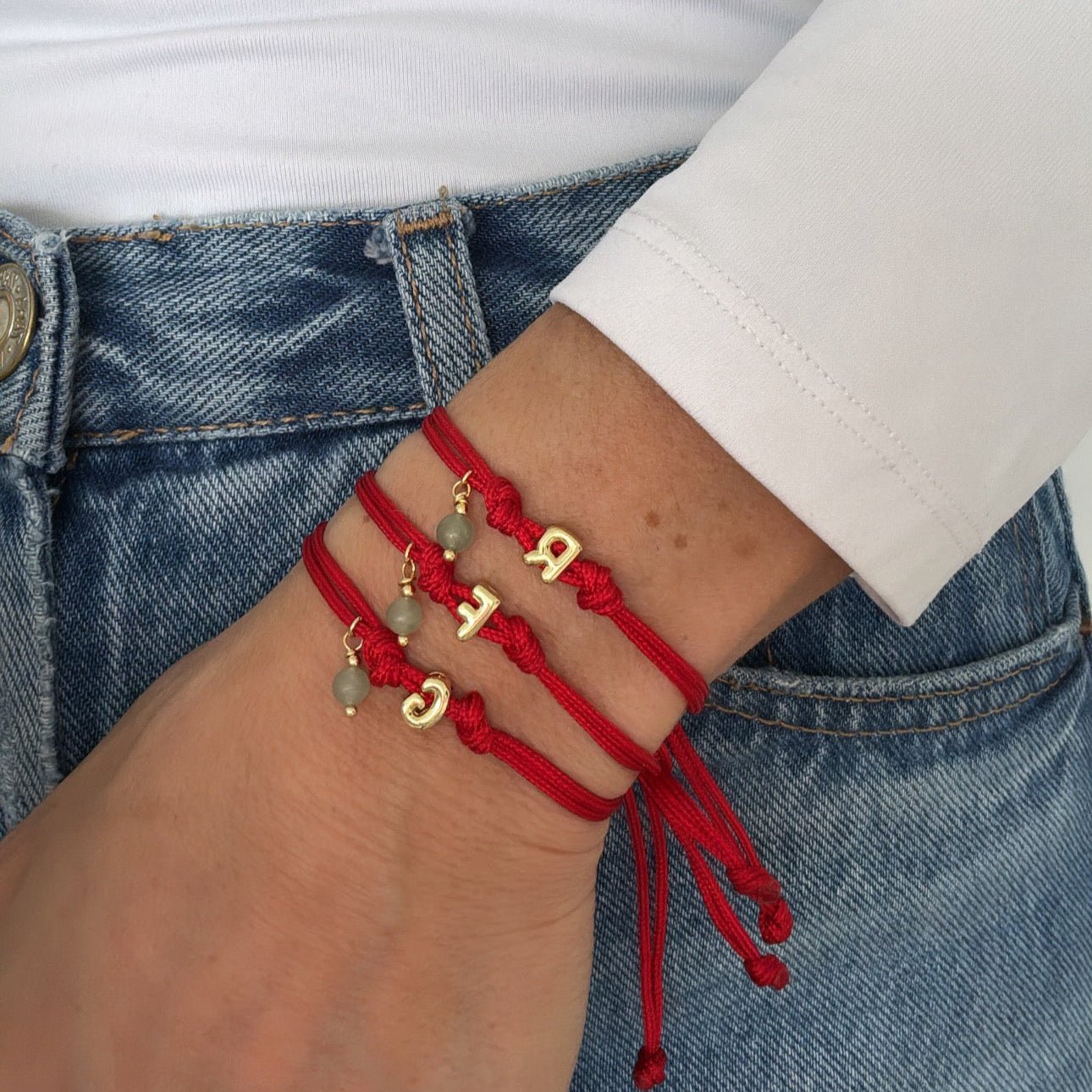 Initial Bracelet with Jade Stone – Red Cord - Bracelet | LimaLimón Store - 1