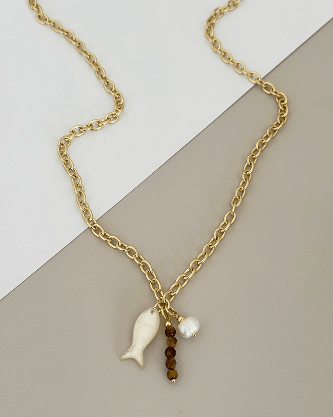 Nacre Fish & Pearl Charm Long Necklace - Necklaces | LimaLimón Store - 1