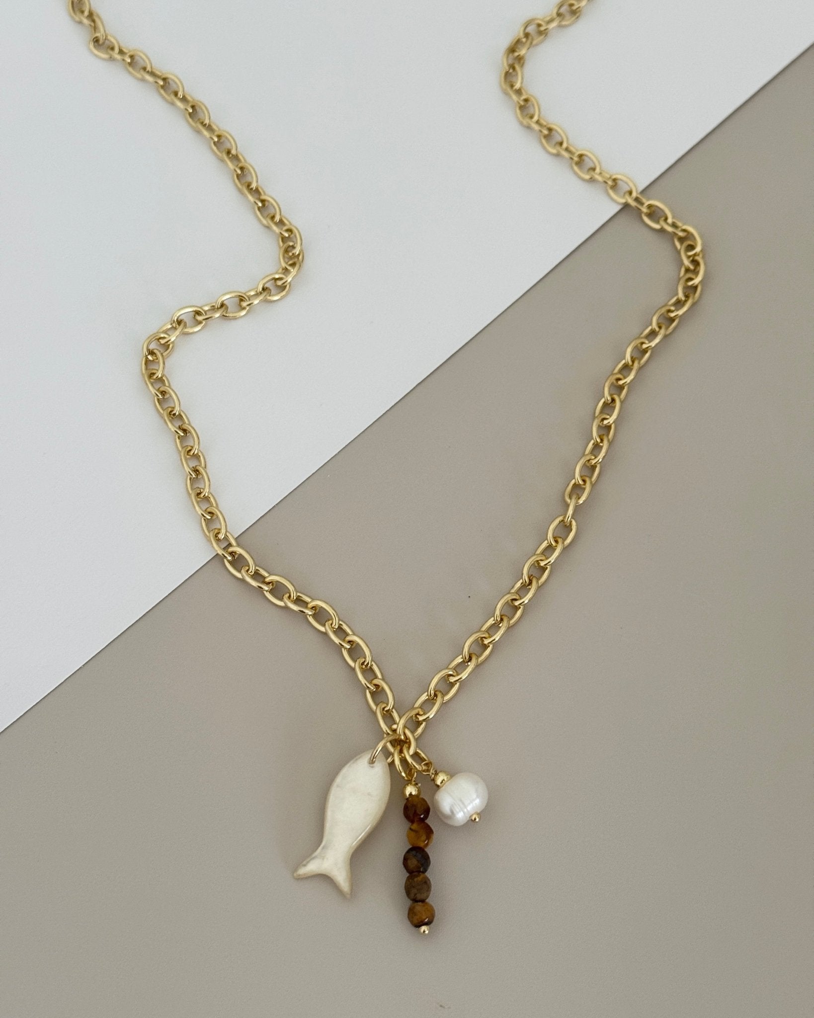 Nacre Fish & Pearl Charm Long Necklace - Necklaces | LimaLimón Store - 1