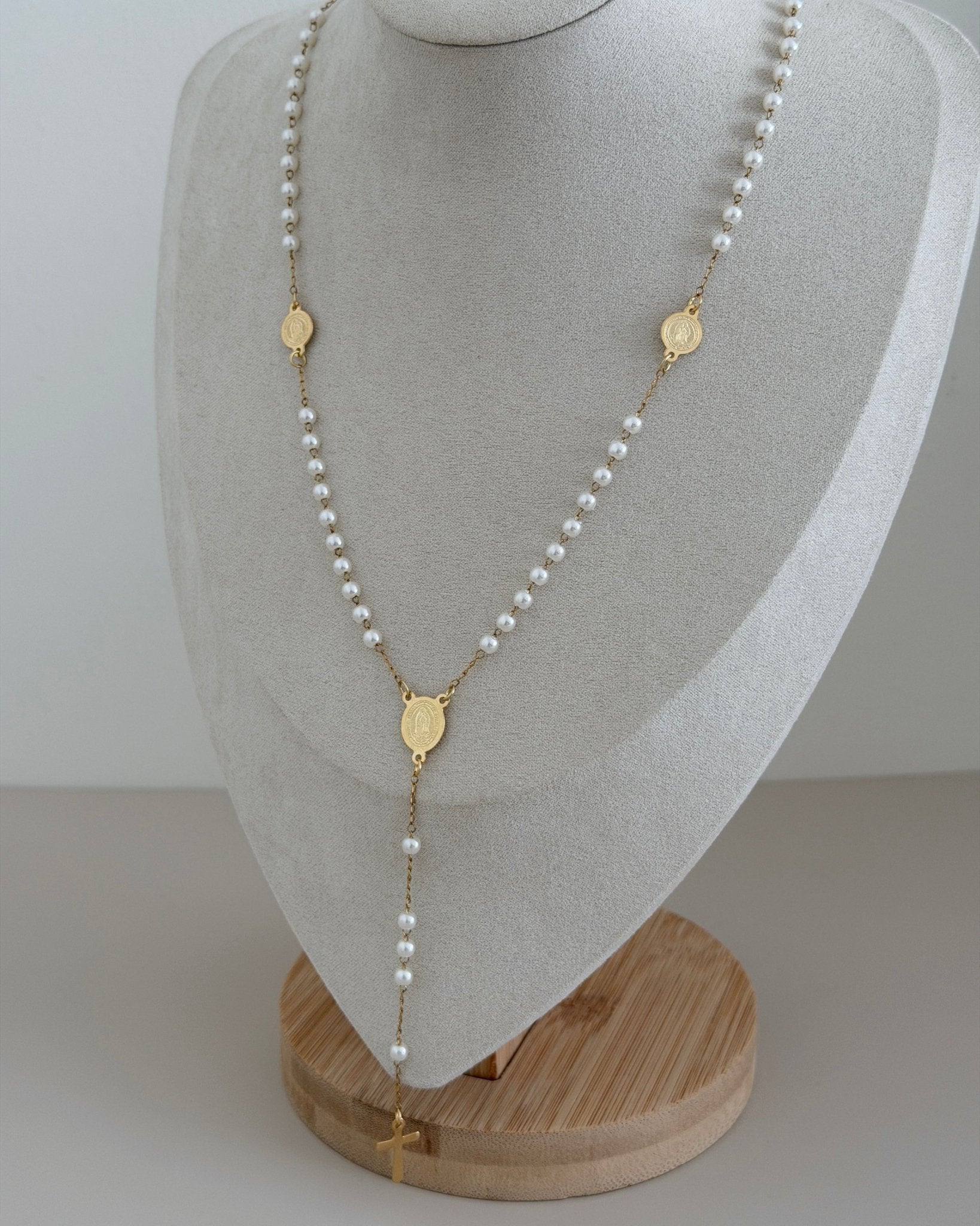 Stainless Steel White Beaded Rosary Y - Necklace - Necklace | LimaLimón Store - 2